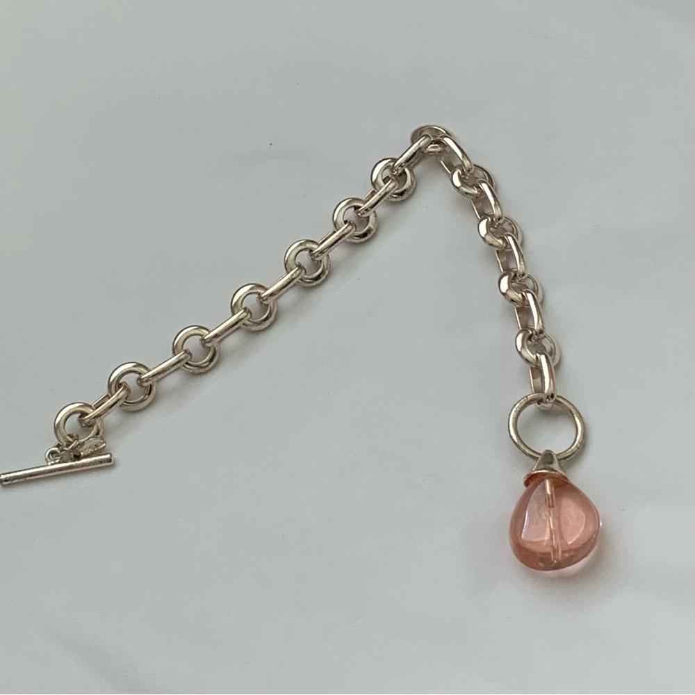 VTG Anne Klein silver circle link bracelet signed AKII pink teardrop charm 80’s - Picture 5 of 9